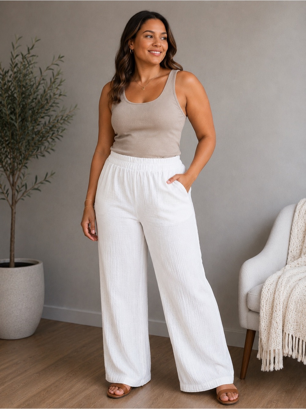 Wonderly Women White Elastic-Waist 100% Cotton Wide Leg Pants XL